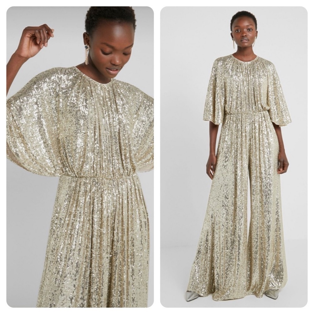 NWT PINKO Aquarius Gold Sequin Jumpsuit Flared Sleeve Wide Leg Cocktail US 6